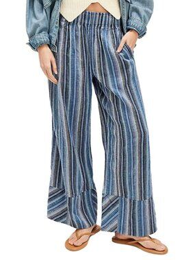 Free People Days End Striped Pants Indigo Flowy Wide Leg Coastal